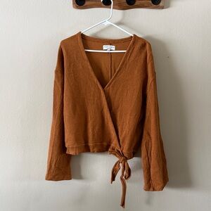 Madewell Texture & Thread Orange Long Sleeve Textured Wrap Top with Tie size L